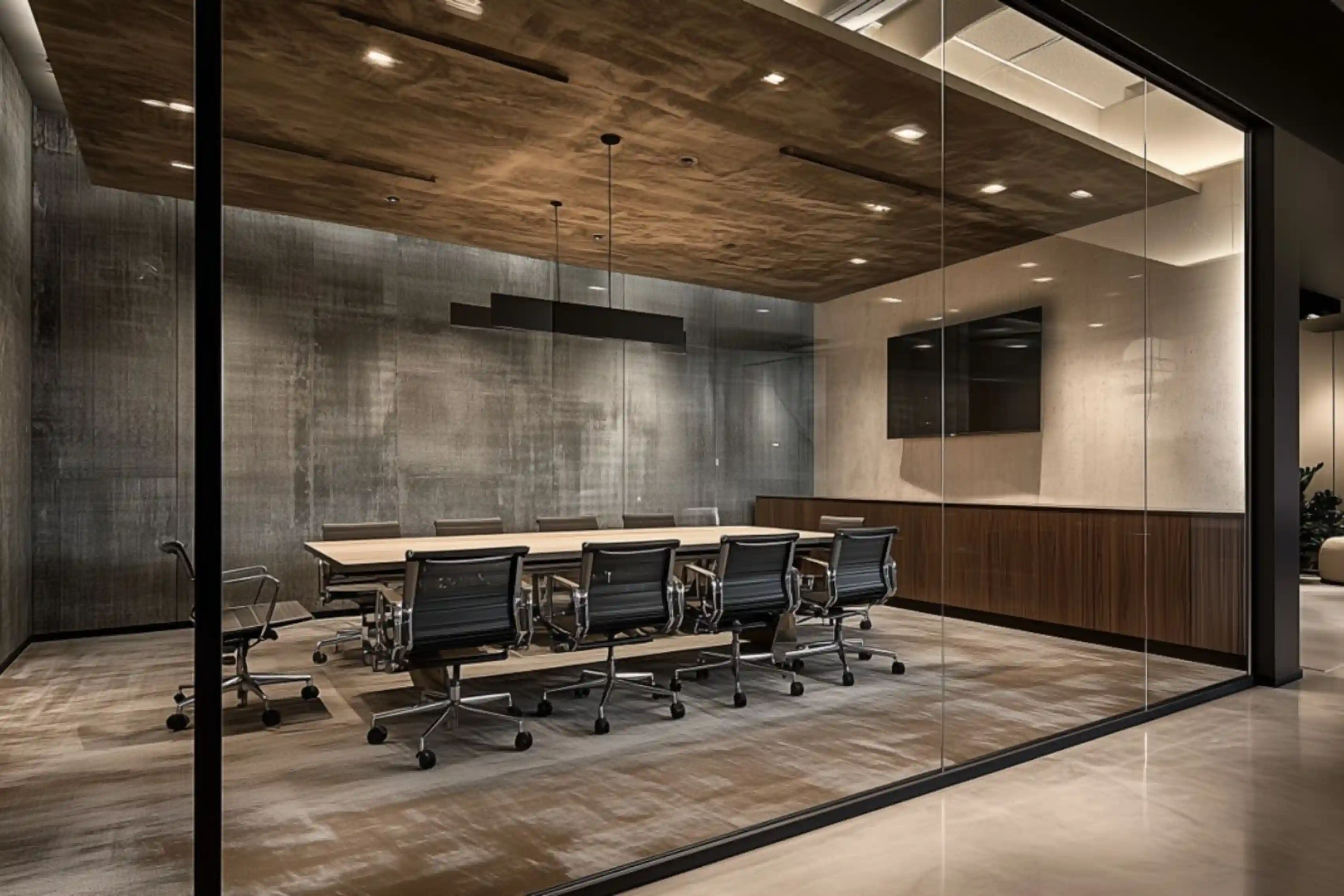 Claure Corporate Project - Modern boardroom with dark wood accents and fully integrated technology - Ai Spaces.webp